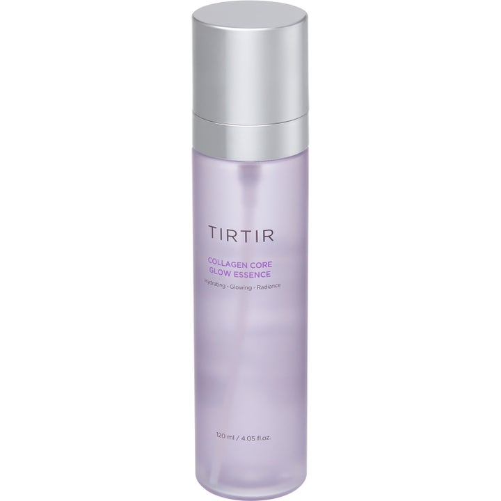 TIRTIR Collagen Core Glow Essence 120 ml hehkua antava hoitoneste liilassa läpikuultavassa pullossa hopeisella korkilla.