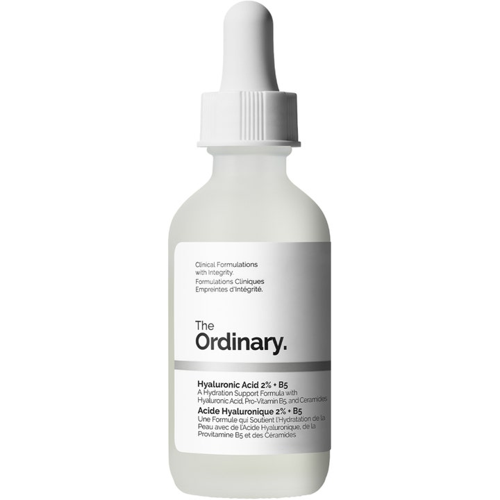 The Ordinary Hyaluronic Acid 2% + B5 kosteuttava seerumi huurretussa lasipullossa, jossa on valkoinen pipetti.