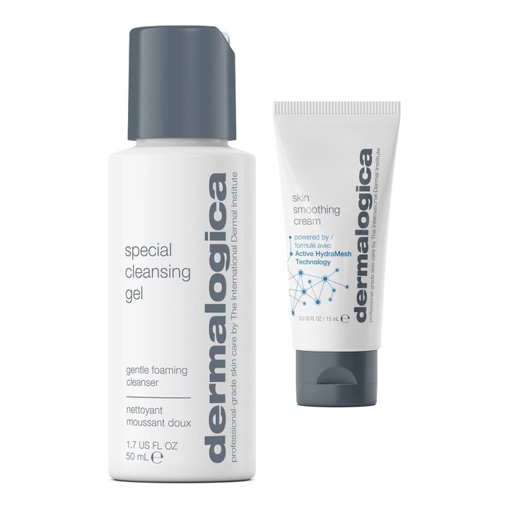 Dermalogica Special Cleansing Gel 50 ml ja Skin Smoothing Cream 15 ml puhdistava duo valkoisessa pullossa ja tuubissa