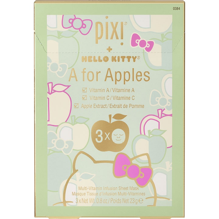 Pixi + Hello Kitty A for Apples 3 x 23 g kangaskasvonaamio omena-uutteella vaaleanvihreässä kissakuvioisessa rasiassa.
