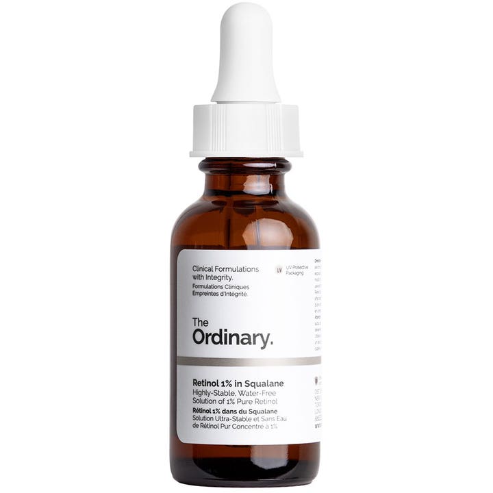 The Ordinary Retinol 1% in Squalane 30 ml uudistava kasvoseerumi ruskeassa lasipullossa valkoisella pipetillä.