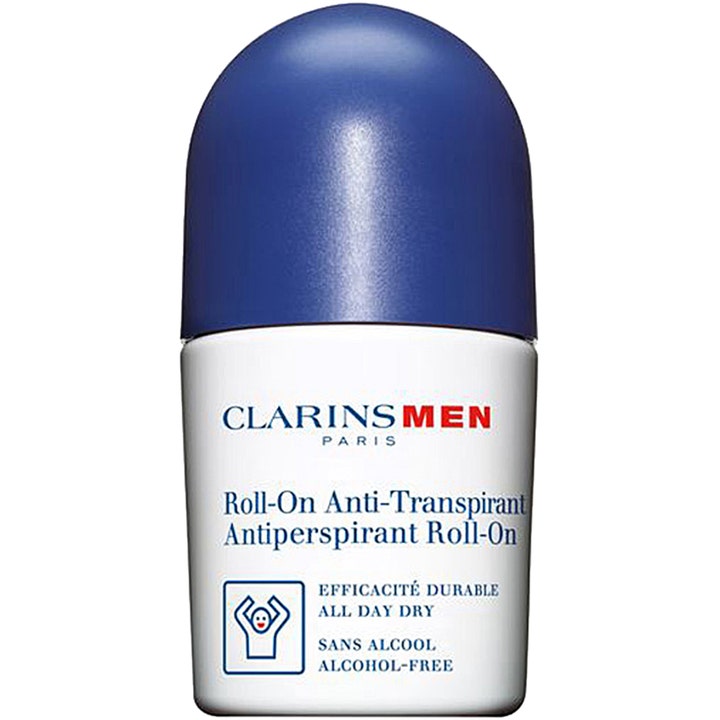 Clarins Men Antiperspirant Roll-On 50 ml alkoholiton dödö pitää ihon kuivana valkoisessa sinikorkkisessa pullossa.