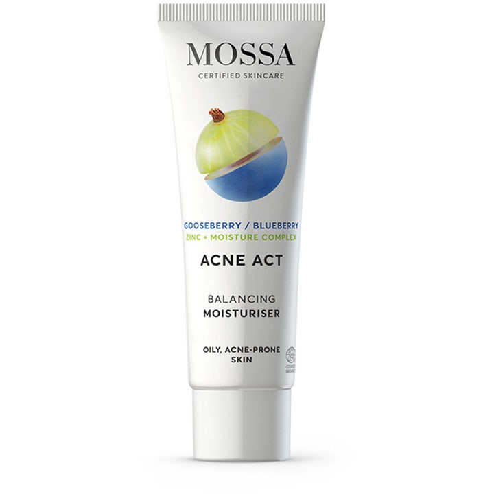 Mossa Acne Act Balancing Moisturiser 50ml tasapainottava kasvovoide sinkkiä sisältävässä valkoisessa tuubissa.