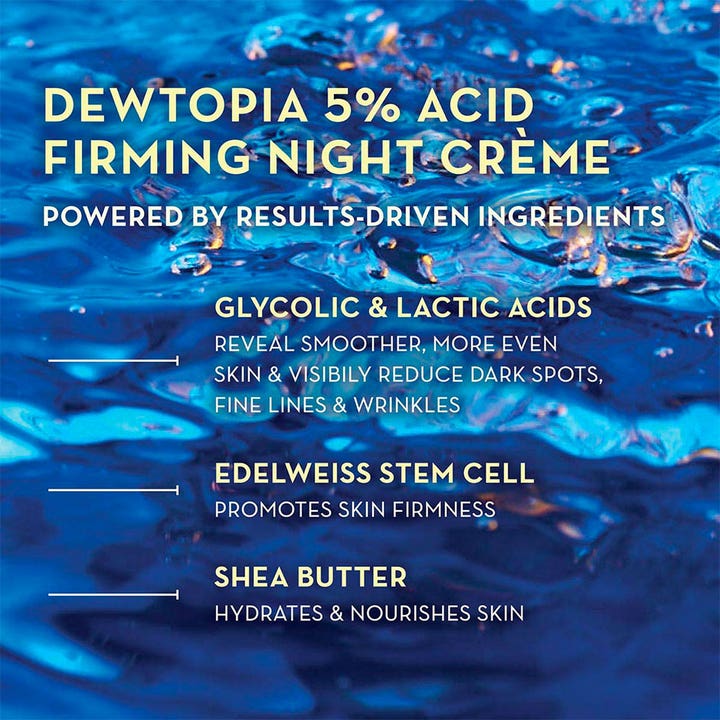 Ole Henriksen Dewtopia 5% Acid Firming Night Crème 50 ml yövoide sisältää AHA-happoja ja kiinteyttävää alppitähteä.