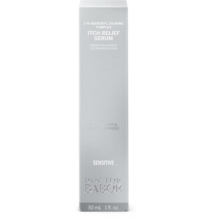 Babor DOC Itch Relief Serum 30 ml rauhoittava seerumi vähentää kutinaa hopeanvärisessä pahvipakkauksessa.