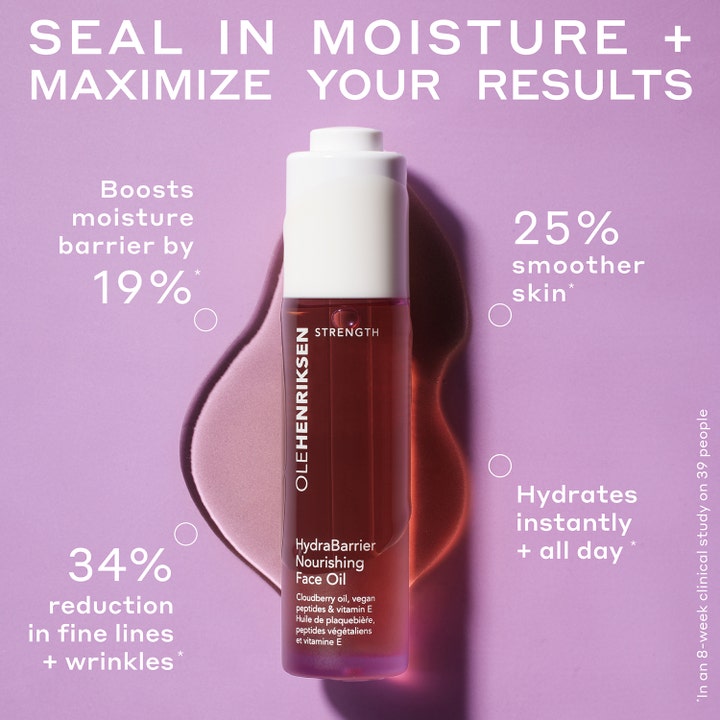 Ole Henriksen Strength HydraBarrier Nourishing Face Oil 30 ml kosteuttava kasvoöljy violetilla taustalla silottaa ihoa.
