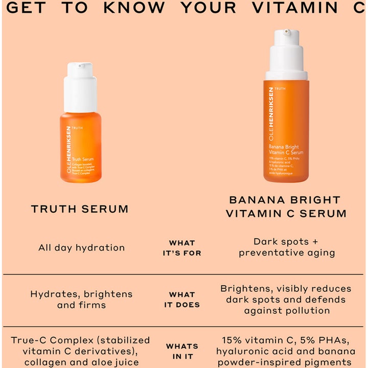 Ole Henriksen Truth Serum 30 ml kirkastava seerumi vertailussa oransseissa pumppupulloissa.