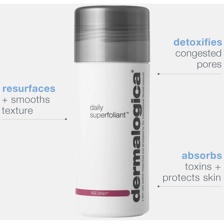 Dermalogica Daily Superfoliant 13 g kuorinta tasoittaa ihon pintaa ja puhdistaa ihohuokoset harmaakorkkisessa pullossa