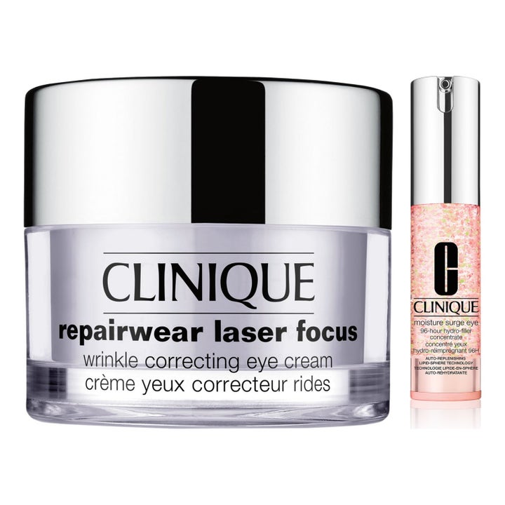 Clinique Repairwear Laser Focus ja Moisture Surge Eye silmänympäryshoito silottaa ryppyjä lasipurkissa ja pinkissä pullossa.
