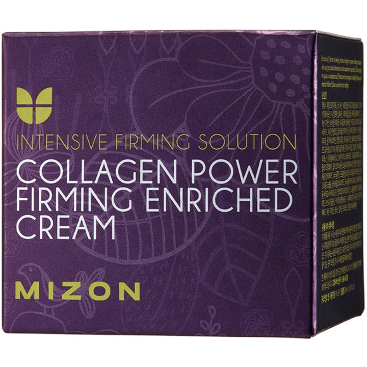Mizon Collagen Power Firming Enriched Cream 50 ml kiinteyttävä kasvovoide purppurassa pahvipakkauksessa vaalein tekstein