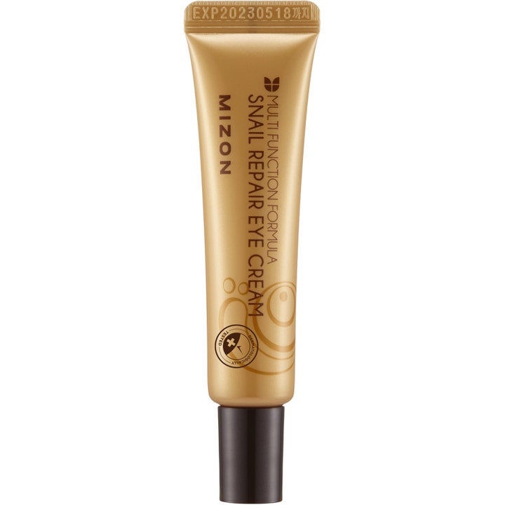 Mizon Snail Repair Eye Cream etanalimaa sisältävä uudistava silmänympärysvoide kullanhohtoisessa tuubissa mustalla korkilla.