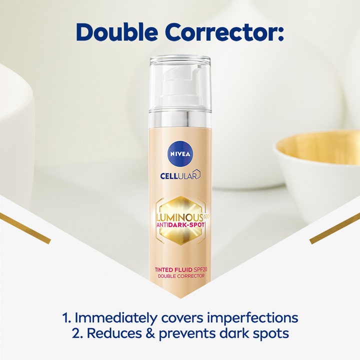 NIVEA LUMINOUS 630 Cellular Anti Dark-Spot Tinted Fluid 40 ml sävyttävä päivävoide SPF20 häivyttää pigmenttiläiskiä.