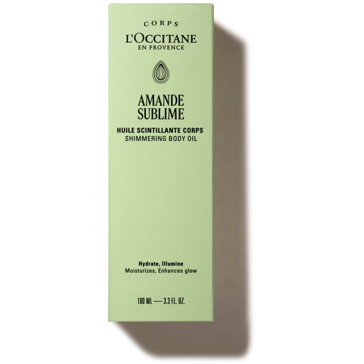 L'Occitane en Provence Almond Shimmering Body Oil 100 ml heleyttävä vartaloöljy vaaleanvihreässä pahvipakkauksessa