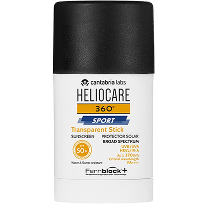 Heliocare 360° Sport Transparent Stick SPF 50+ aurinkosuojapuikko hylkii hikeä valkoisessa hylsyssä mustalla korkilla