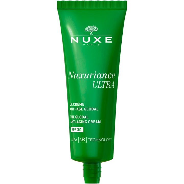 Nuxe Nuxuriance Ultra 50 ml uudistava anti-age päivävoide vihreässä tuubissa jossa on SPF 30 aurinkosuoja.