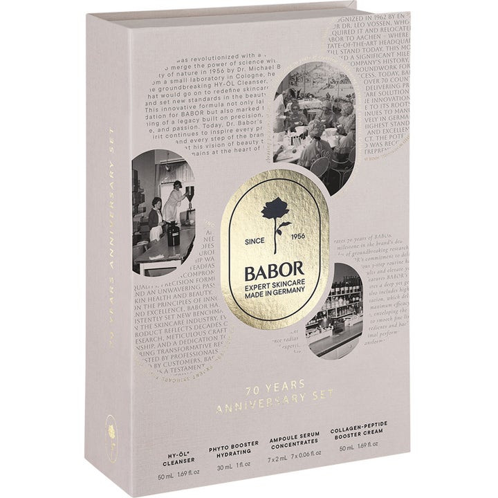 Babor 70 Anniversary Set 144 ml ihonhoitosetti vaaleassa pakkauksessa kultaisella sinetillä ja vintage-kuvilla