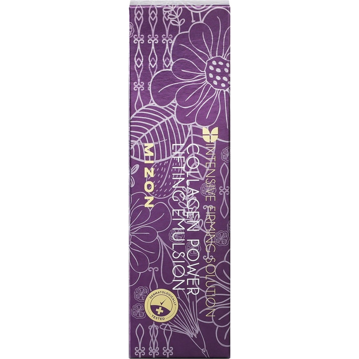 Mizon Collagen Power Lifting Emulsion 120 ml kiinteyttävä emulsio purppuranvärisessä kukkakuvioisessa pakkauksessa.