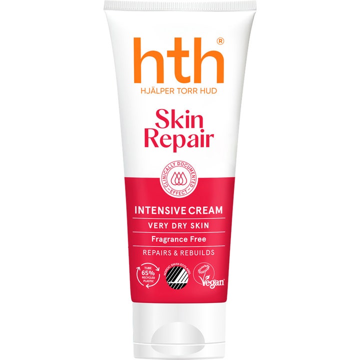 HTH Skin Repair Intensive Cream hajusteeton voide erittäin kuivalle iholle valkoisessa tuubissa punaisilla yksityiskohdilla.