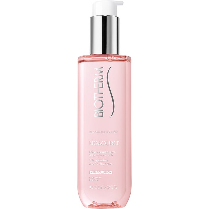 Biotherm Biosource Lotion 200 ml kosteuttava kasvovesi pehmentää ihoa vaaleanpunaisessa läpinäkyvässä pumppupullossa.