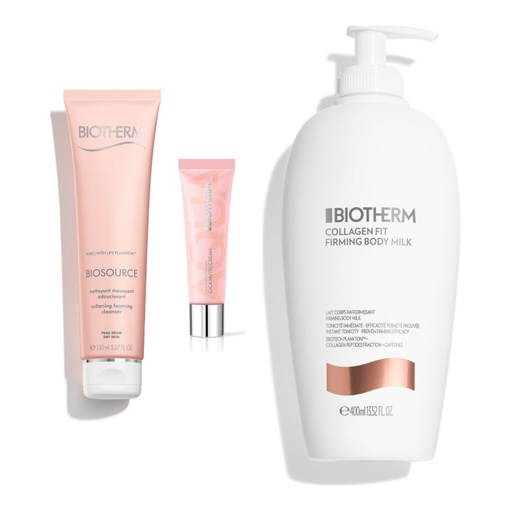 Biotherm Biosource 150ml puhdistus ja Collagen Fit 400ml kiinteyttävä vartalomaito pinkissä tuubissa ja valkoisessa pullossa.