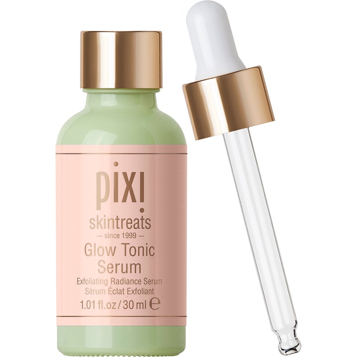 Pixi Glow Tonic Serum 30 ml kuoriva ja heleyttävä kasvoseerumi vaaleanvihreässä pullossa, jossa on kultainen pipetti.