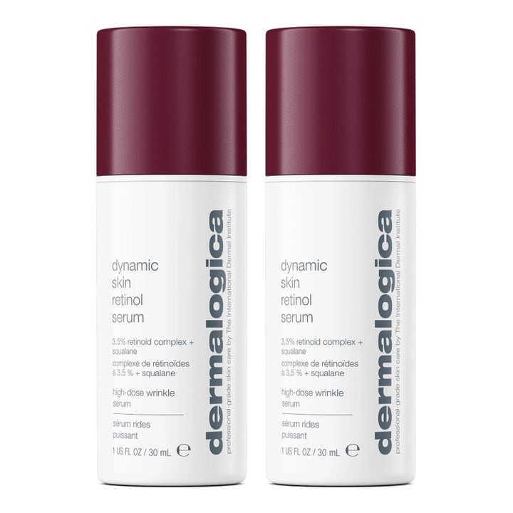 Dermalogica Dynamic Skin Retinol Serum 30 ml silottava seerumi kahdessa valkoisessa pullossa tummanpunaisilla korkeilla.