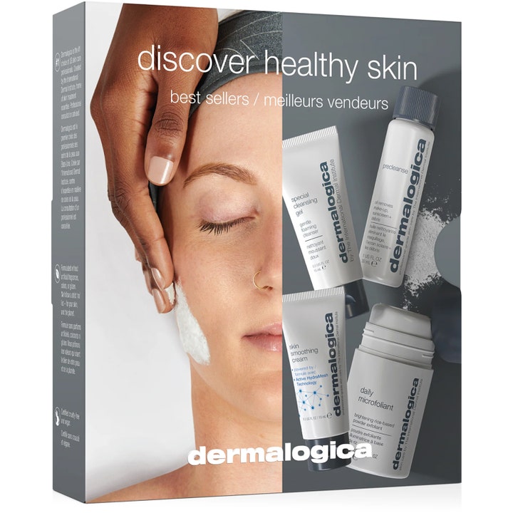 Dermalogica Discover Healthy Skin Kit 4 tuotteen ihonhoitosetti kirkastaa ihoa valkoisissa matkakokoisissa pakkauksissa.