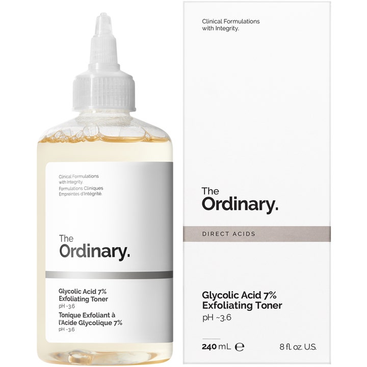 The Ordinary Glycolic Acid 7% Exfoliating Toner 240 ml kirkastava kuoriva kasvovesi läpinäkyvässä pullossa ja rasiassa.
