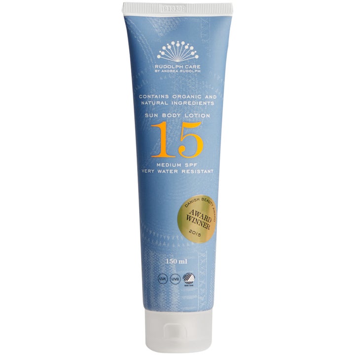 Rudolph Care Sun Body Lotion 150 ml suojaava aurinkovoide SPF 15 sininen tuubi valkoisella korkilla