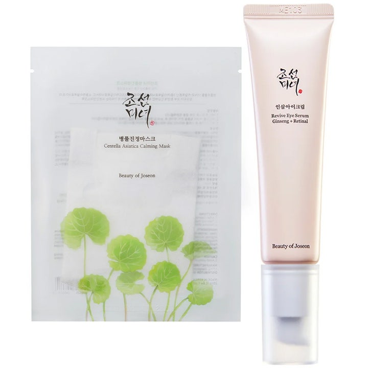 Beauty of Joseon Centella Mask ja Revive Eye Serum 30ml korealainen ihonhoitosetti vaaleassa tuubissa ja pussissa