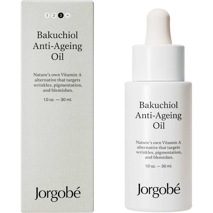 Jorgobé Bakuchiol Anti-Ageing Oil 30 ml silottava kasvoöljy ryppyjä vastaan valkoisessa pipettipullossa ja pakkauksessa.