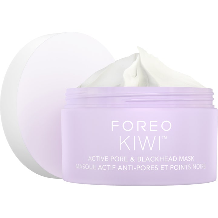 Foreo Kiwi Active Pore & Blackhead Mask syväpuhdistava kasvonaamio vaaleanliilassa purkissa, jossa on valkoinen koostumus.