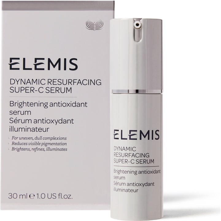 Elemis Dynamic Resurfacing Super-C Serum 30 ml kirkastava C-vitamiini seerumi valkoisessa pumppupullossa ja pakkauksessa.