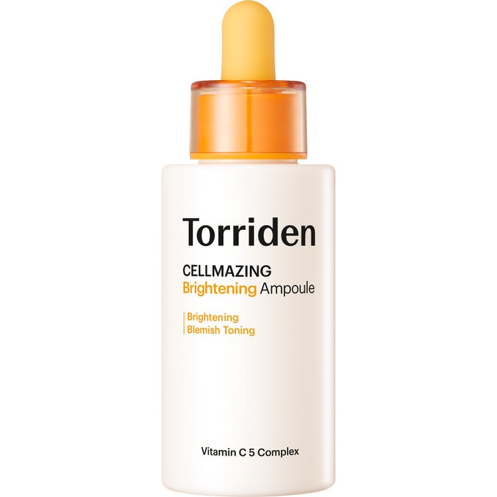 Torriden CELLMAZING Brightening Ampoule kirkastava C-vitamiiniampulli valkoisessa pullossa keltaisella pipetillä