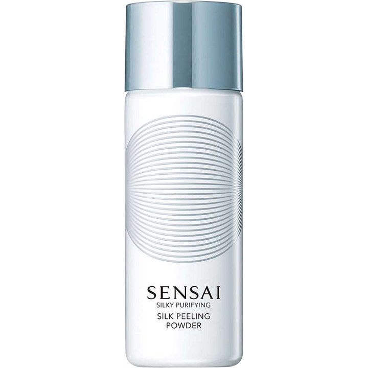 Sensai Silky Purifying Silk Peeling Powder 40 g syväpuhdistava kuorintajauhe valkoisessa pullossa hopeakorkilla.