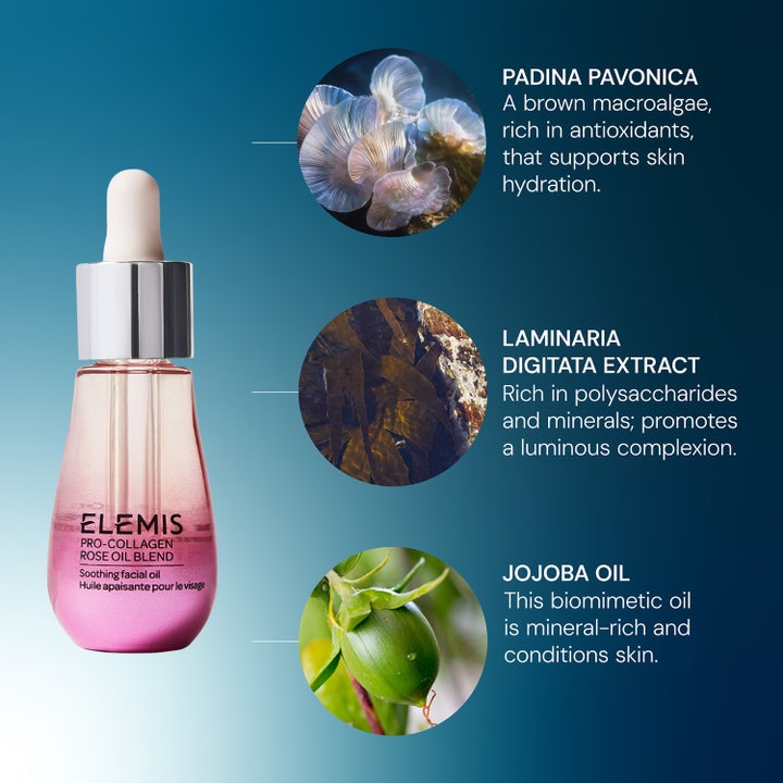 Elemis Pro-Collagen Rose Facial Oil 15 ml kosteuttava kasvoöljy ja ainesosat padina pavonica sekä jojobaöljy.
