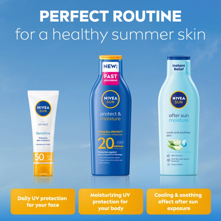 NIVEA Protect & Moisture Sun Lotion 200 ml kosteuttava aurinkovoide ja kaksi muuta NIVEA Sun -tuotetta.