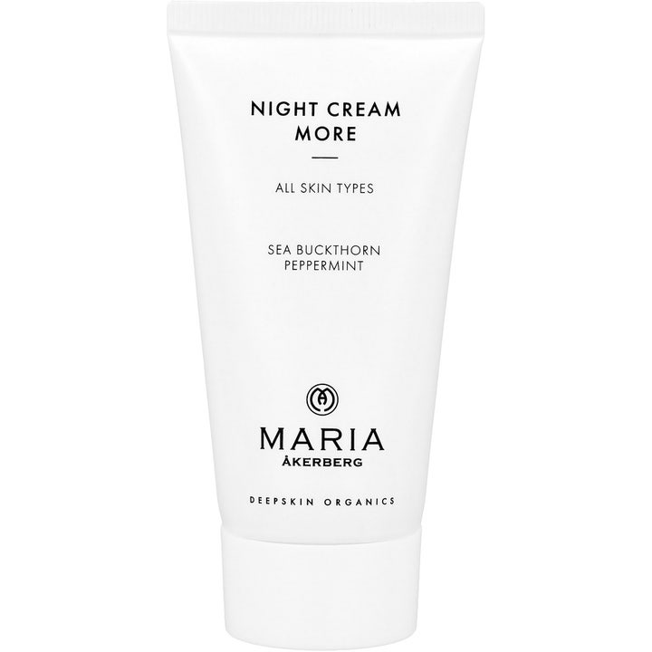 Maria Åkerberg Night Cream More 100 ml uudistava yövoide kaikille ihotyypeille valkoisessa muovituubissa.
