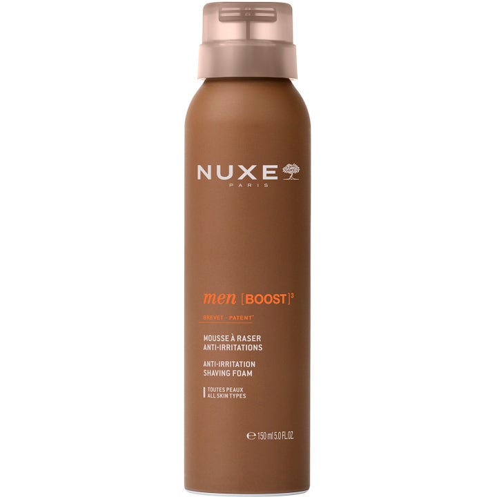 Nuxe Men Boost Shaving Foam 150 ml rauhoittava parranajovaahto ruskeassa metallipullossa jossa on läpinäkyvä korkki