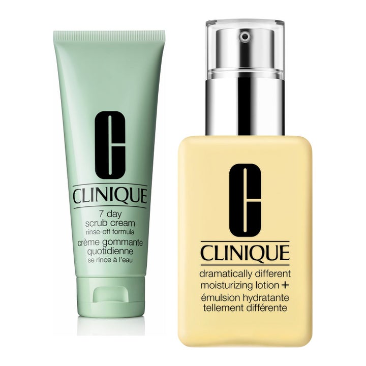 Clinique 7 Day Scrub Cream ja Moisturizing Lotion+ puhdistava setti vihreässä tuubissa ja keltaisessa pumppupullossa.