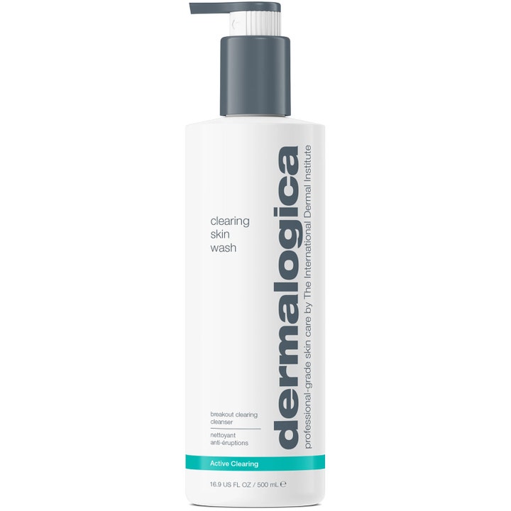 Dermalogica Clearing Skin Wash 500 ml epäpuhtauksia vähentävä puhdistusgeeli valkoisessa pullossa harmaalla pumpulla
