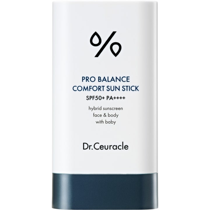 Dr.Ceuracle Pro Balance Comfort Sun Stick SPF50+ suojaava aurinkosuojapuikko valkoisessa hylsyssä tummansinisellä alaosalla.