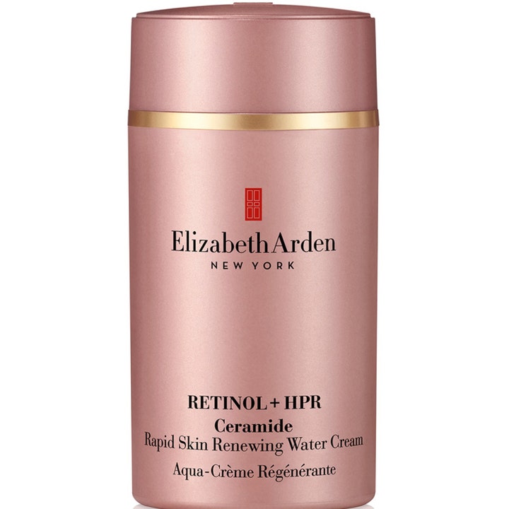 Elizabeth Arden Retinol + HPR Ceramide Rapid Skin Renewing Water Cream uudistaa ihoa ruusukultaisessa metallipakkauksessa.