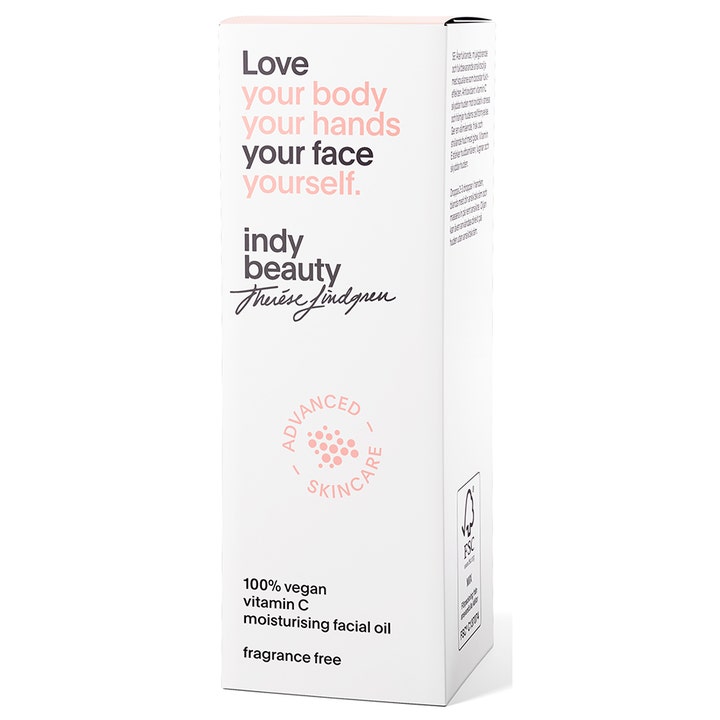 Indy Beauty Vitamin C Moisturising Facial Oil 30 ml kosteuttava vegaaninen kasvoöljy valkoisessa pahvipakkauksessa