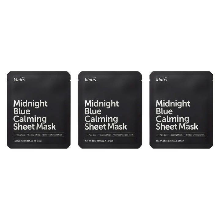 Klairs Midnight Blue Calming Sheet Mask 25 ml rauhoittava kangaskasvonaamio kolme mustaa pakkausta