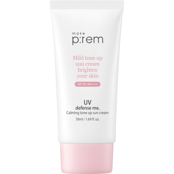 Make p:rem UV defense me. Calming tone up sun cream 50 ml kirkastava aurinkovoide valkoisessa tuubissa pinkillä korkilla