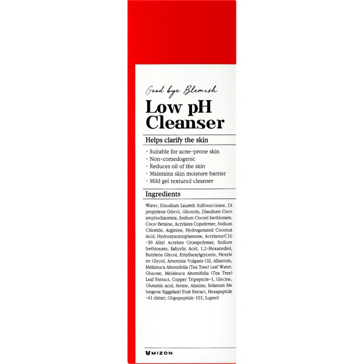 Mizon Good Bye Blemish Low pH Cleanser 100 ml puhdistusgeeli punavalkoisessa pakkauksessa ainesosalistalla