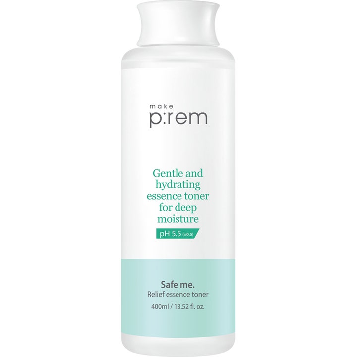 make p:rem Safe me. Relief essence toner 400 ml syväkosteuttava kasvovesi valkoisessa pullossa turkoosilla etiketillä