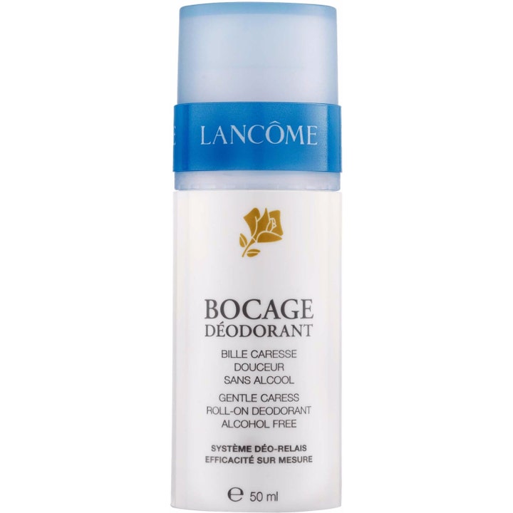 Lancôme Bocage Déodorant 50 ml alkoholiton roll-on on valkoinen hylsy kultaisella ruusulla ja sinisellä korkilla.