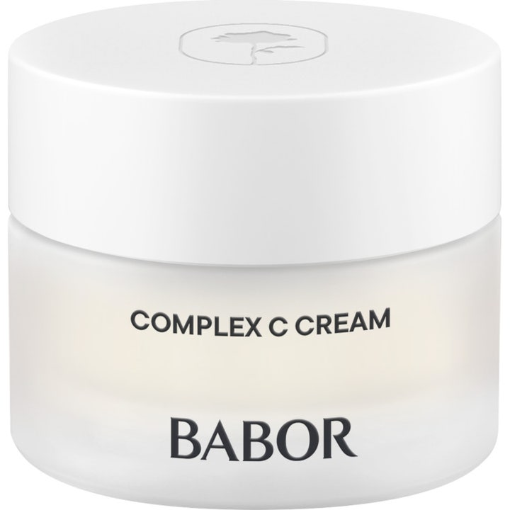 Babor Complex C Cream 50 ml kirkastava kasvovoide valkoisessa huurteisessa lasipurkissa.